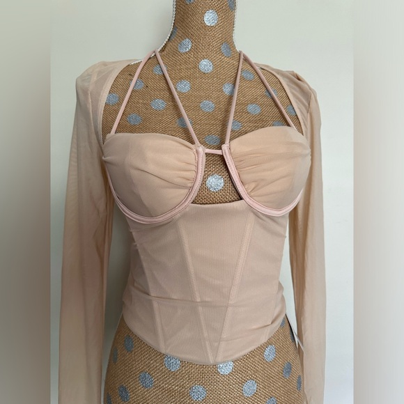 PARTHEA Tie Back Split Cuff Ruched Mesh Corset Top Khaki - Picture 2 of 10